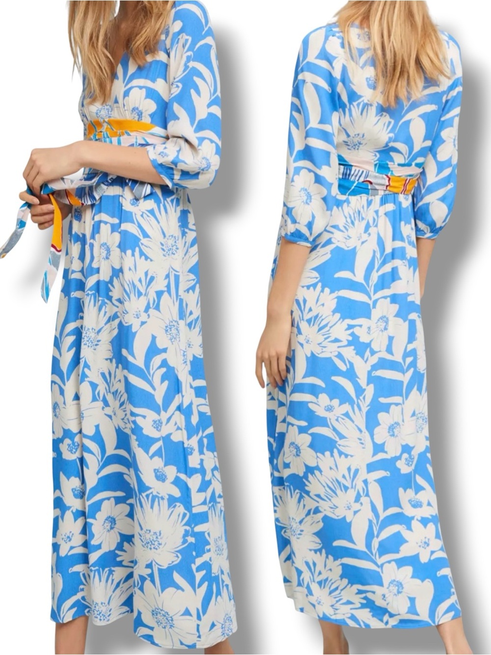 Anthropologie Blue and White Floral Maxi Dress with Yellow Accent Belt